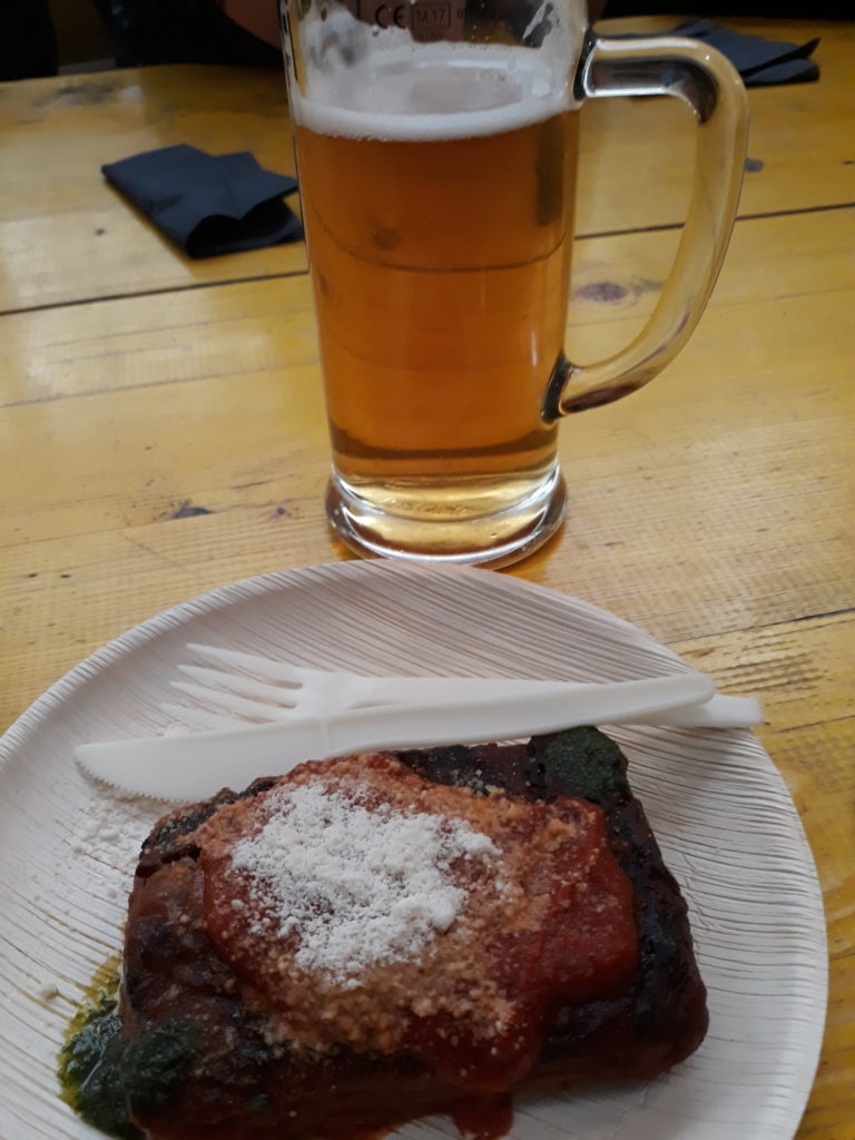 delicious Melanzane Parmigiana at day out at Mercato Metropolitano. And beer