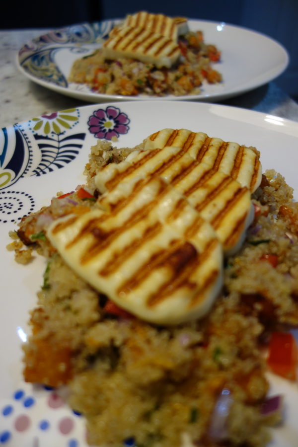 Butternut squash and veg quinoa with grilled halloumi steaks