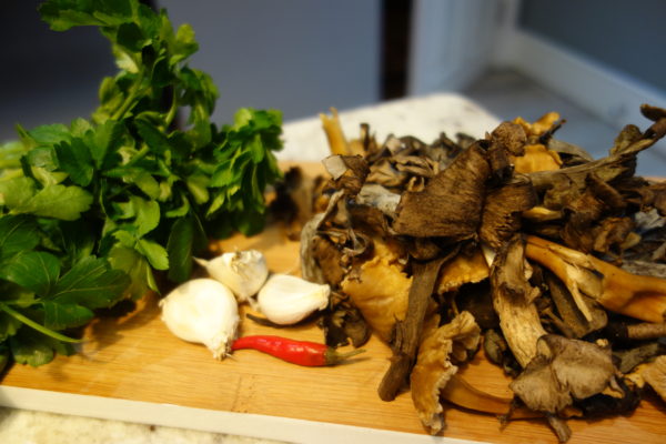 Ingredients on chopping board for Wild Mushroom Pasta