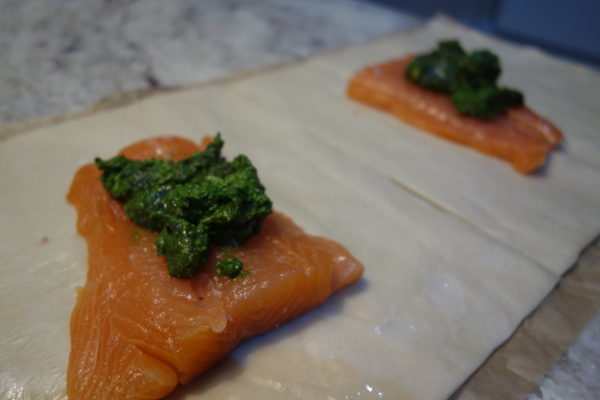 salmon and pesto on pastry sheet
