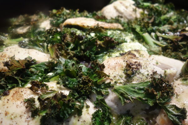 kale added to one tray roast pesto chicken family recipe